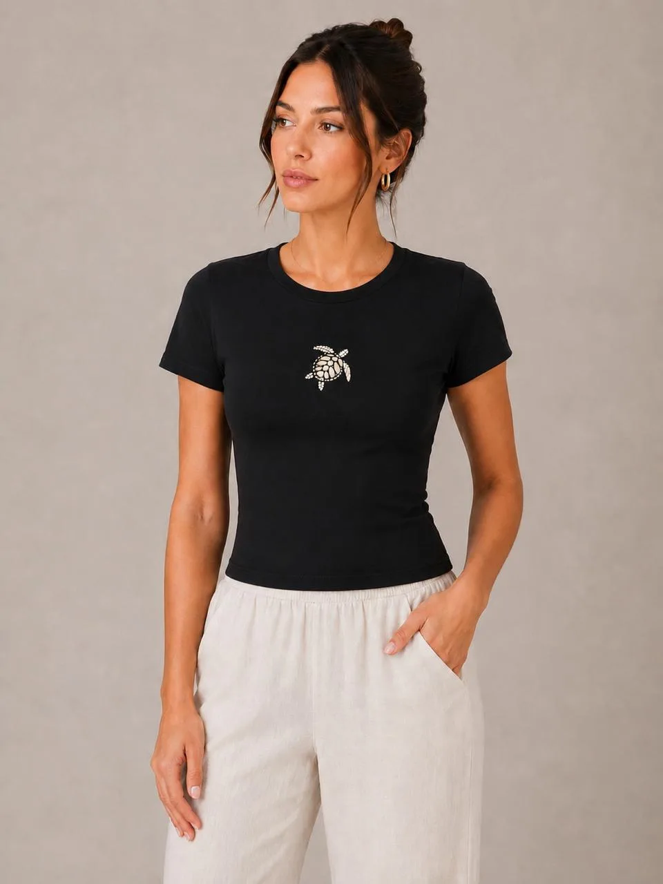 Embroidered Turtle Slim-Fit Top