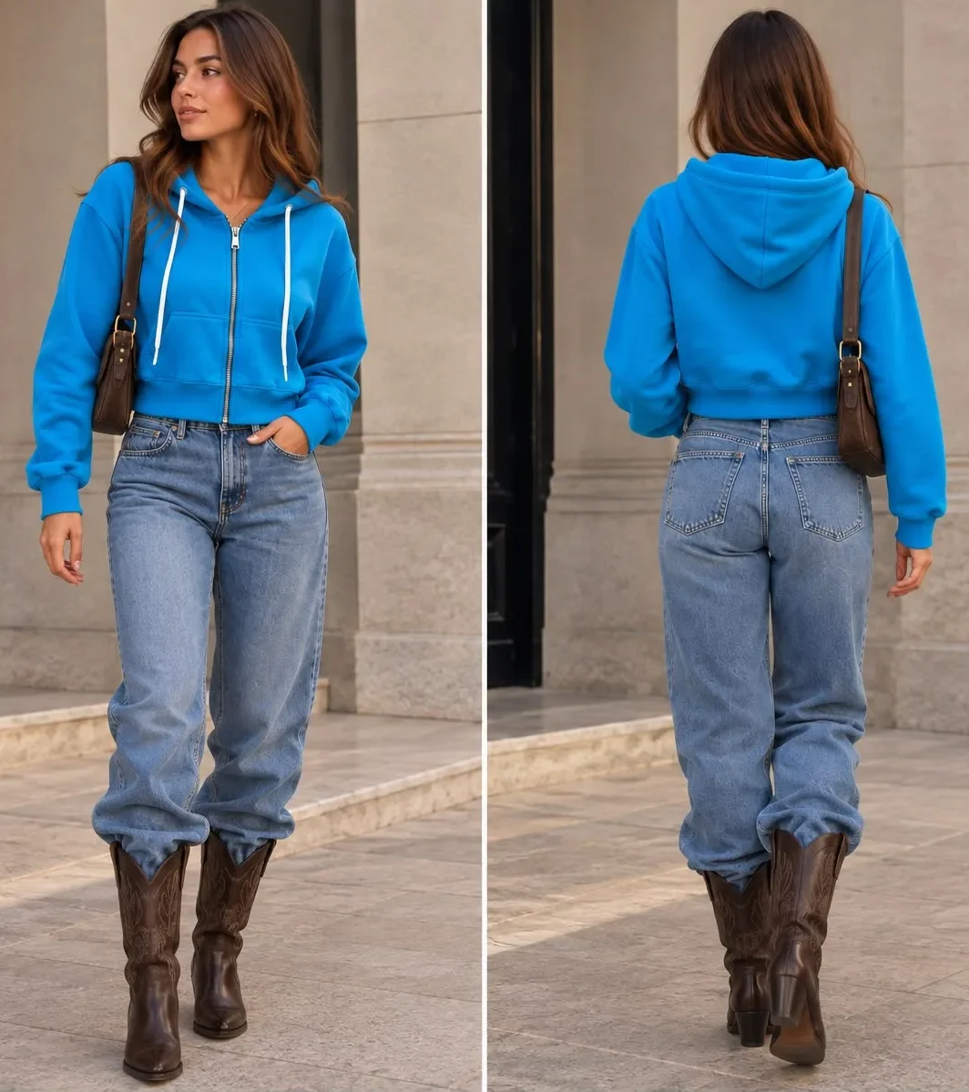 Cropped Zip-Up Fleece Hoodie