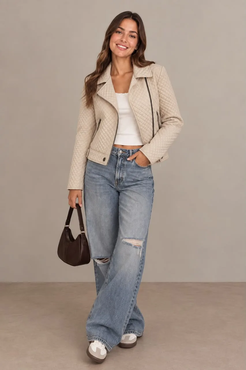 Quilted Cropped Biker Jacket