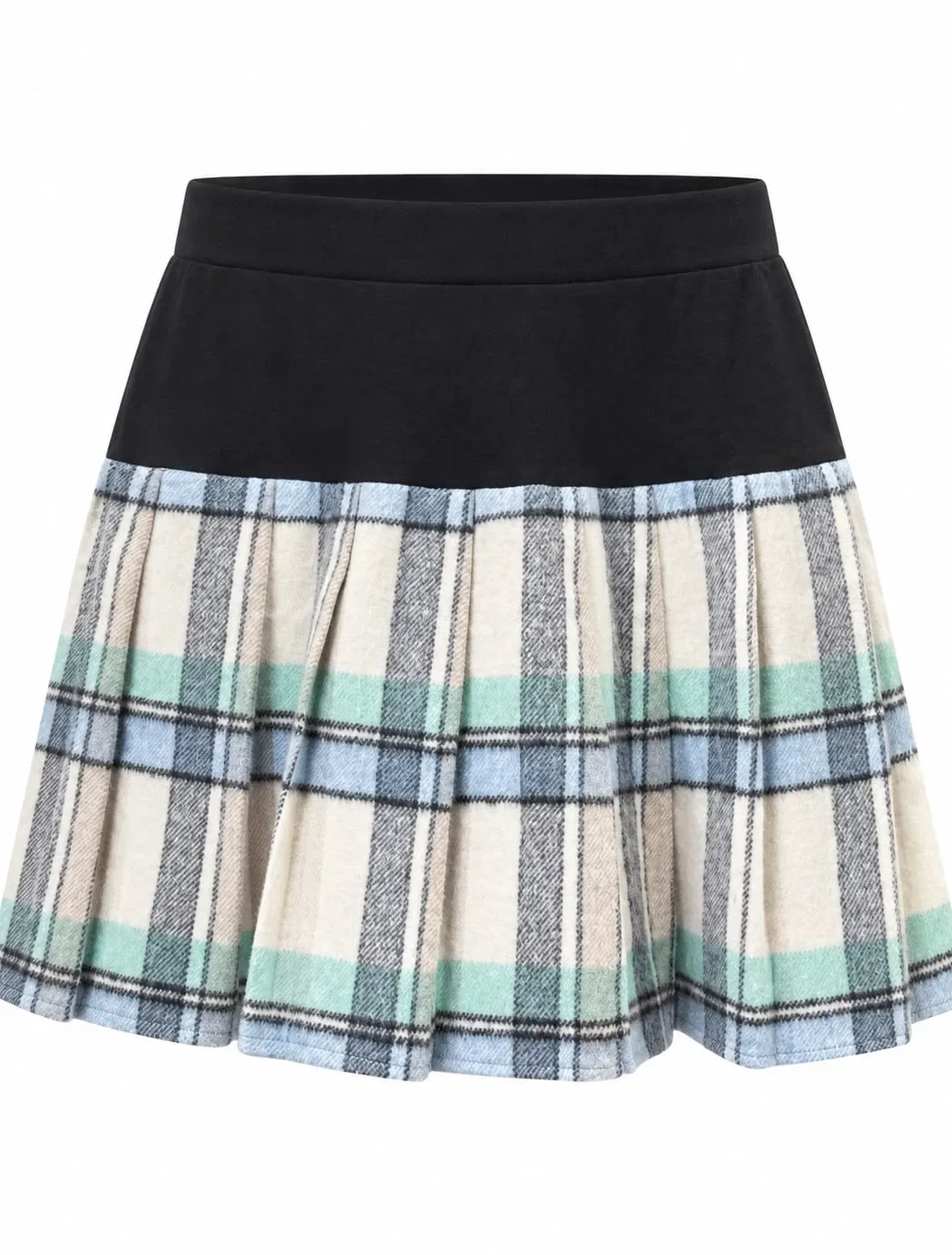 Plaid Felt Pleated Mini Skirt with Contrast Waistband