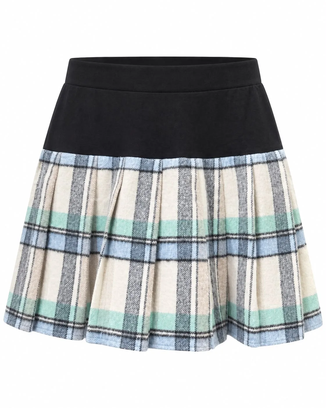 Plaid Felt Pleated Mini Skirt with Contrast Waistband