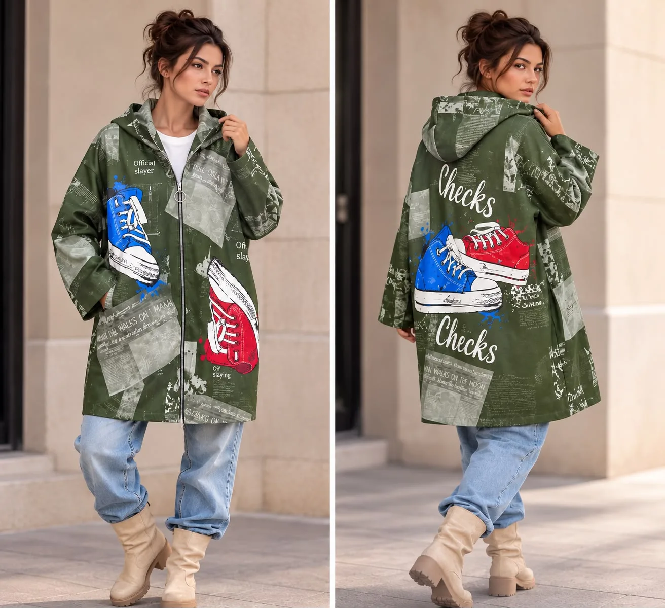 Urban Sneaker Print Oversized Hooded Jacket