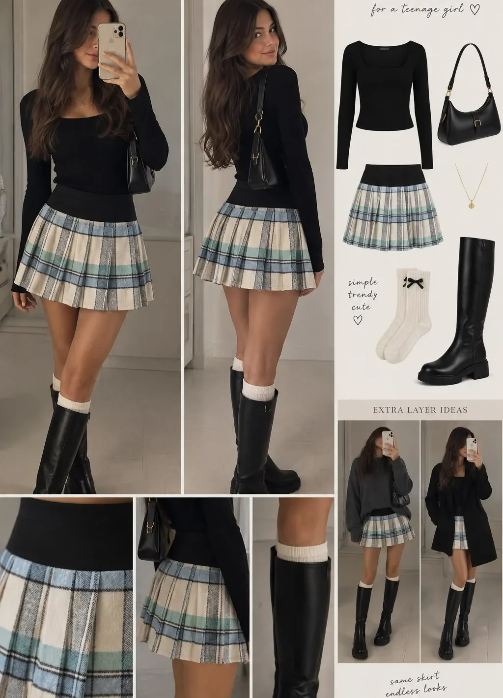 Plaid Felt Pleated Mini Skirt with Contrast Waistband
