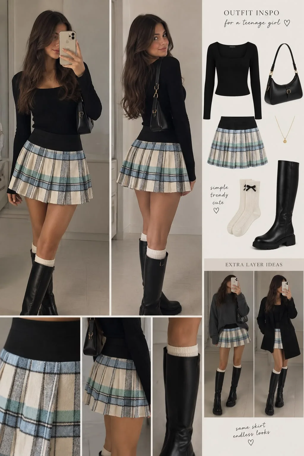 Plaid Felt Pleated Mini Skirt with Contrast Waistband