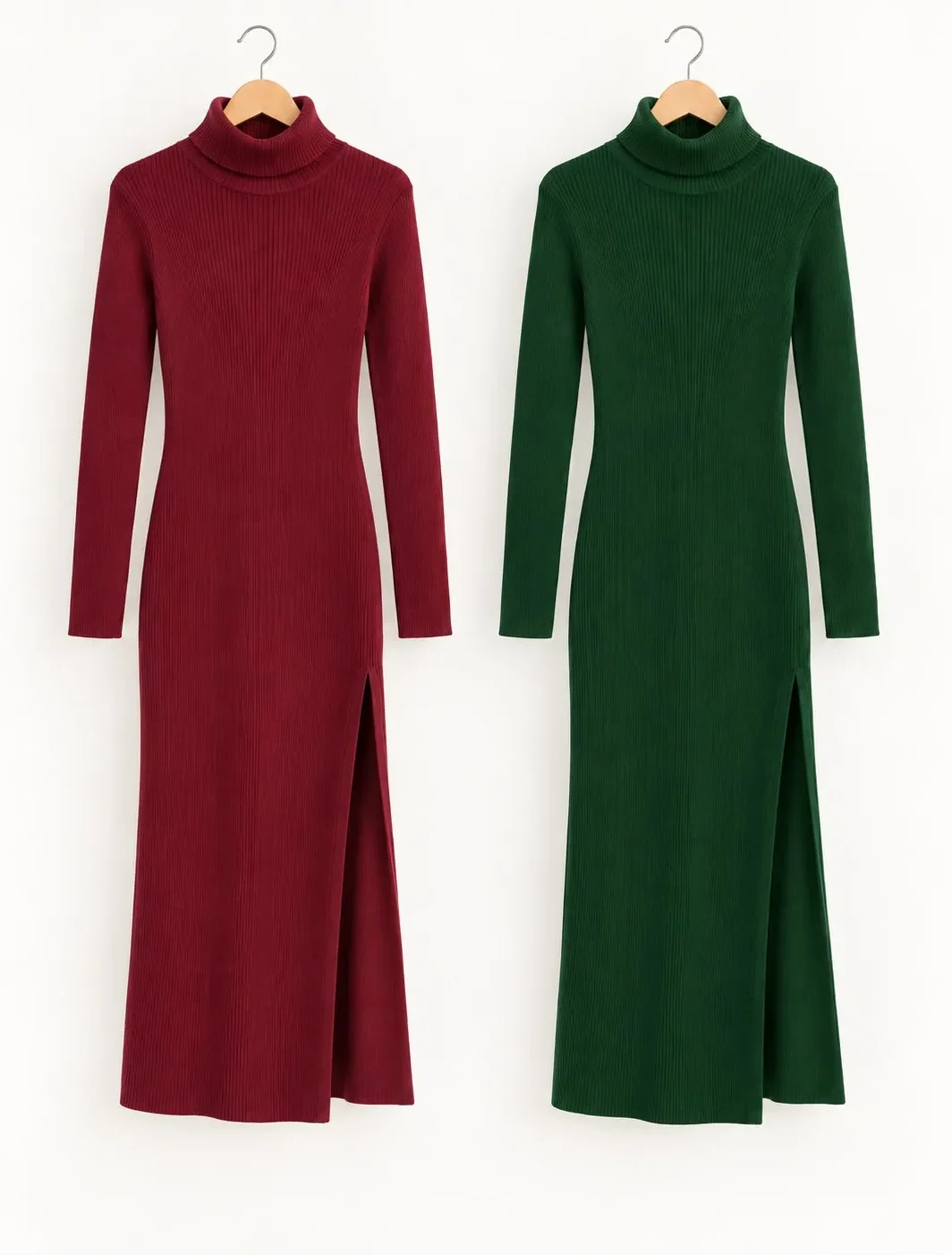 Ribbed Wool Turtleneck Maxi Dress with Side Slit