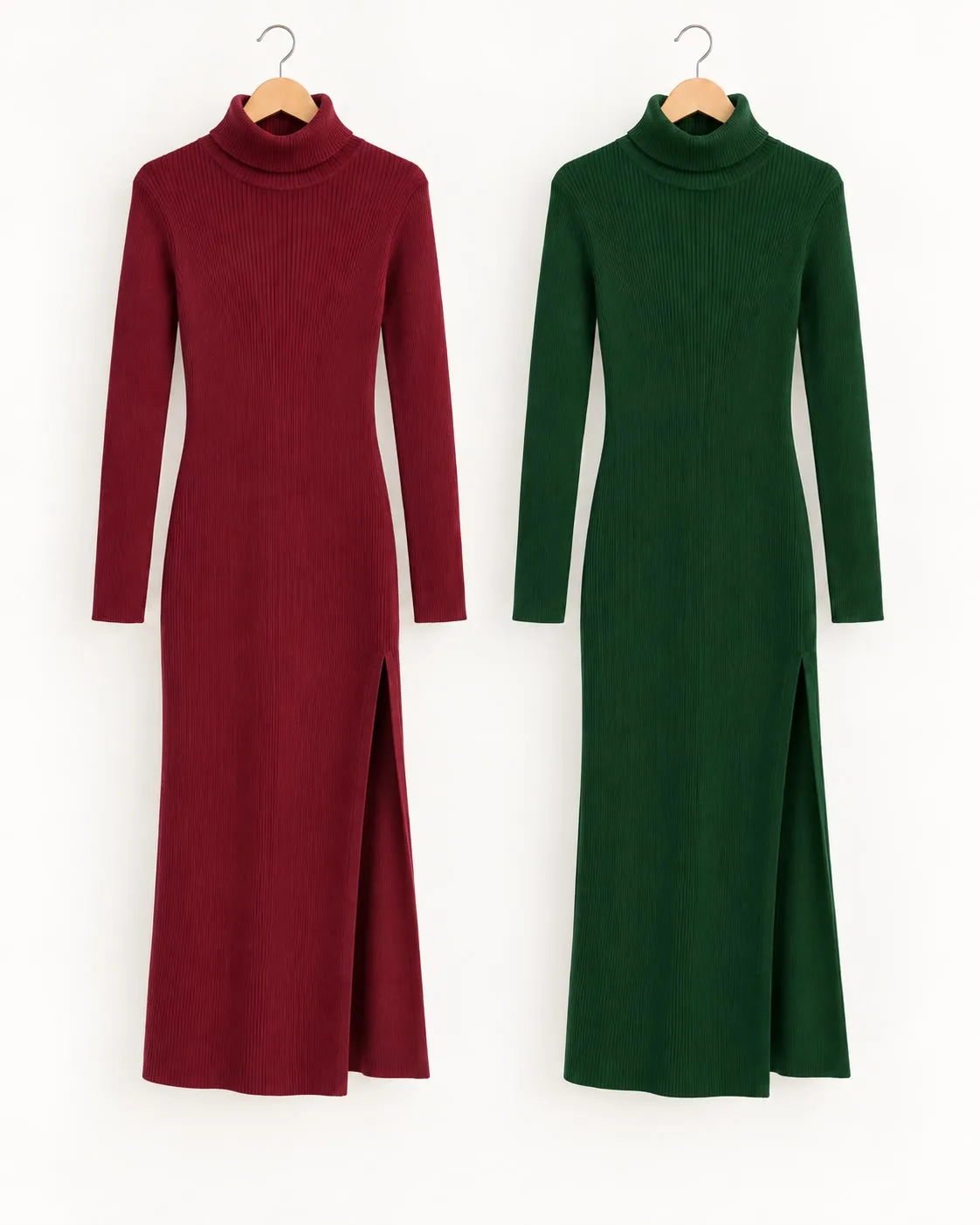 Ribbed Wool Turtleneck Maxi Dress with Side Slit