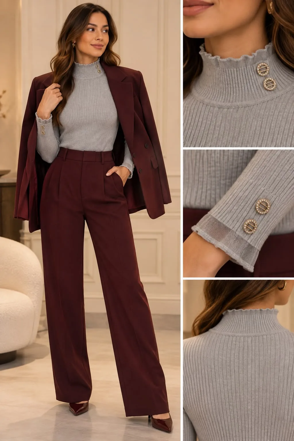 Rhinestone Button High-Neck Soft Knit Top