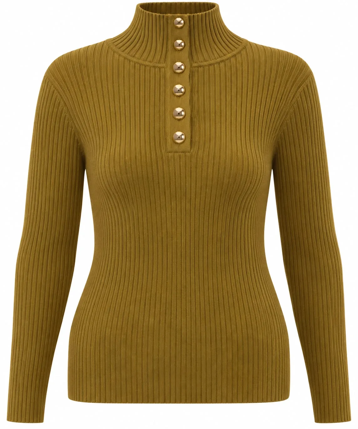Rhinestone Button High-Neck Ribbed Sweater
