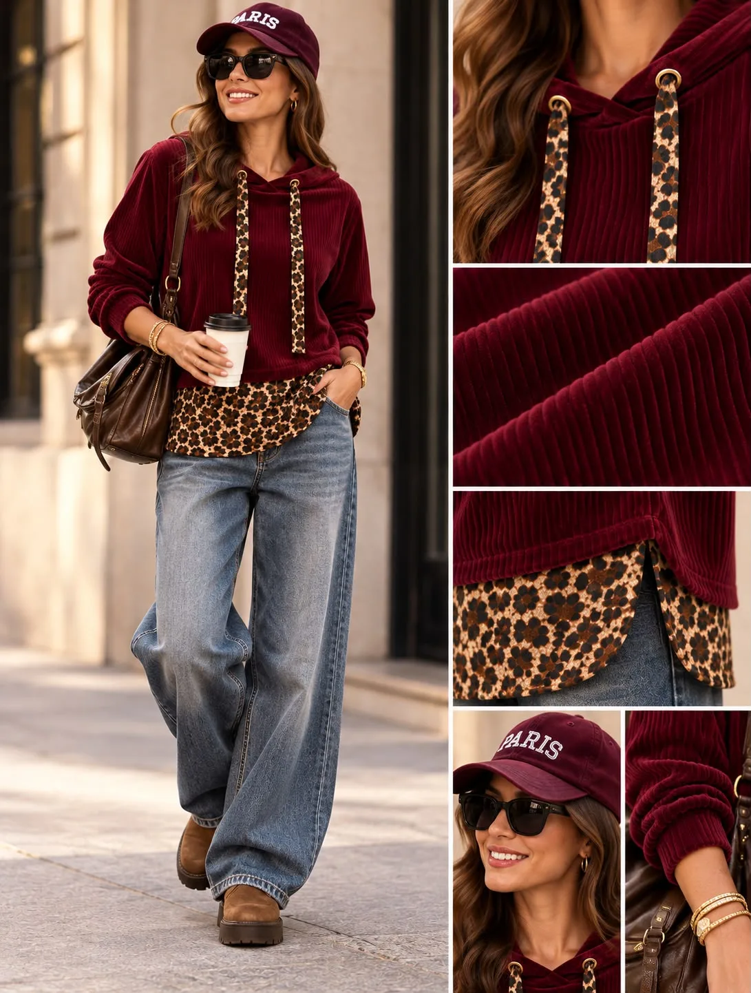 Velvet Leopard Detail Hooded Top