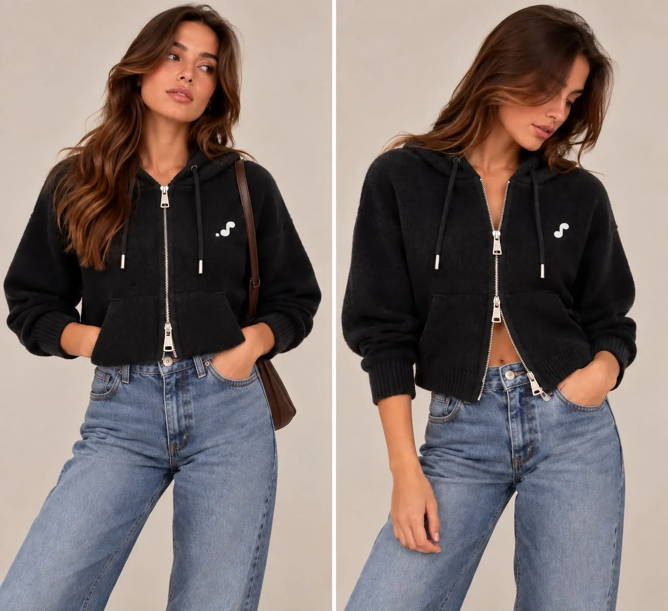 Double-Zip Hooded Knit Cardigan