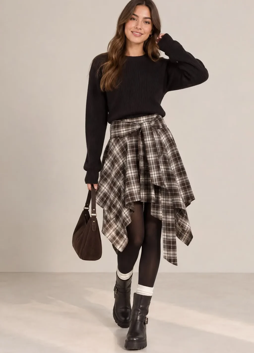Asymmetrical Plaid Tie-Belt Skirt