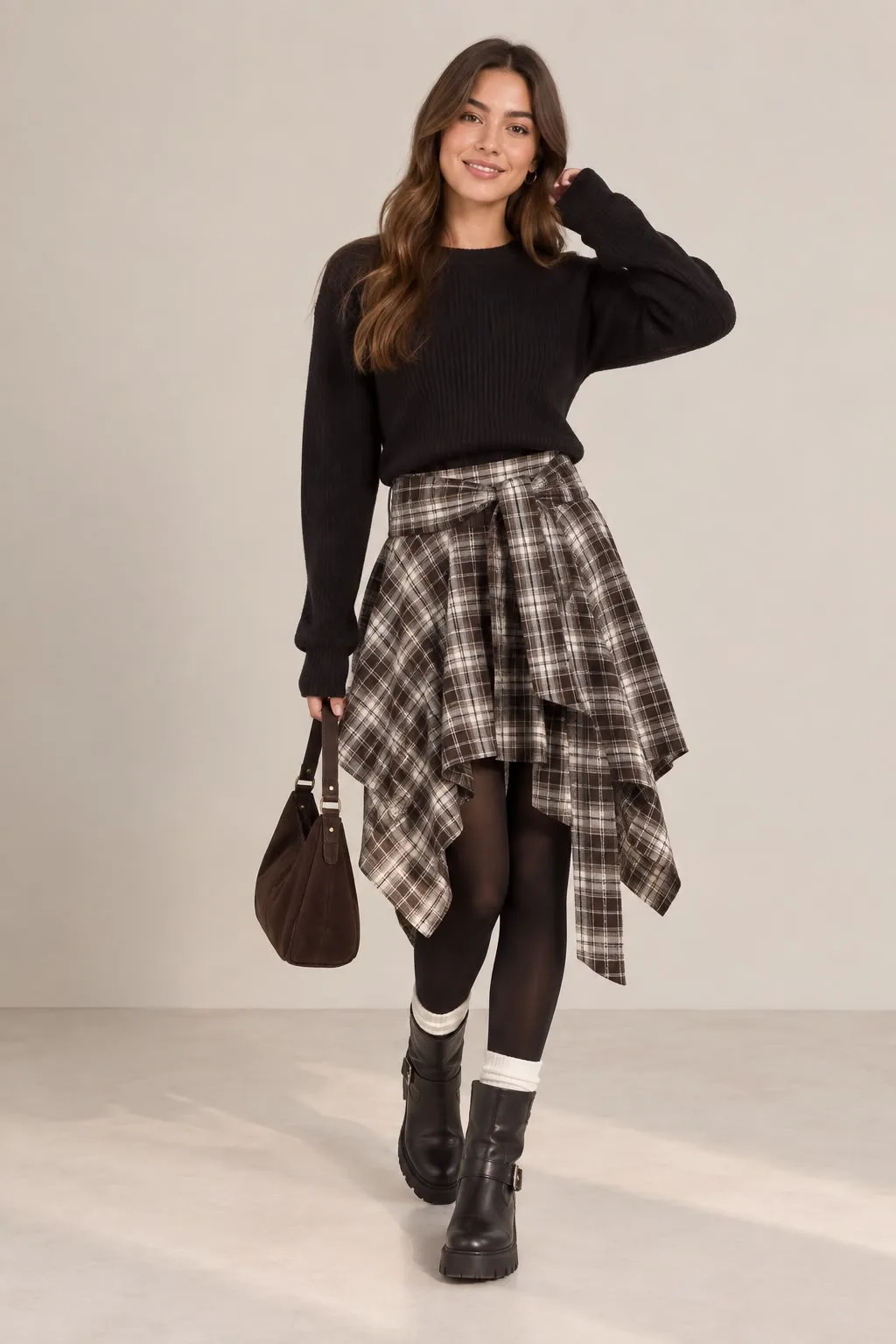 Asymmetrical Plaid Tie-Belt Skirt