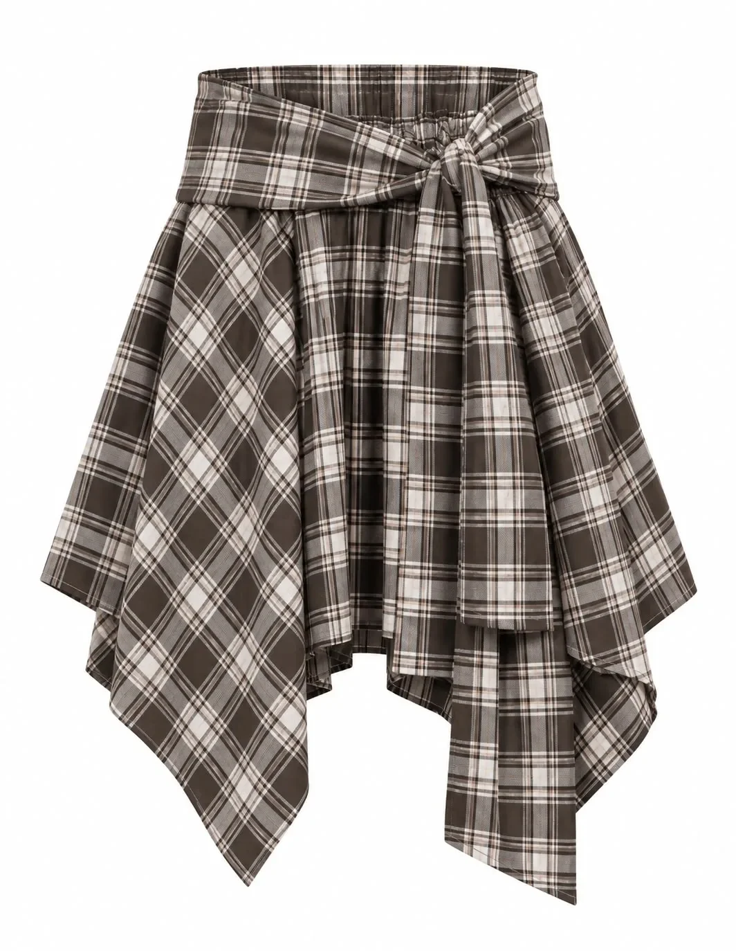 Asymmetrical Plaid Tie-Belt Skirt