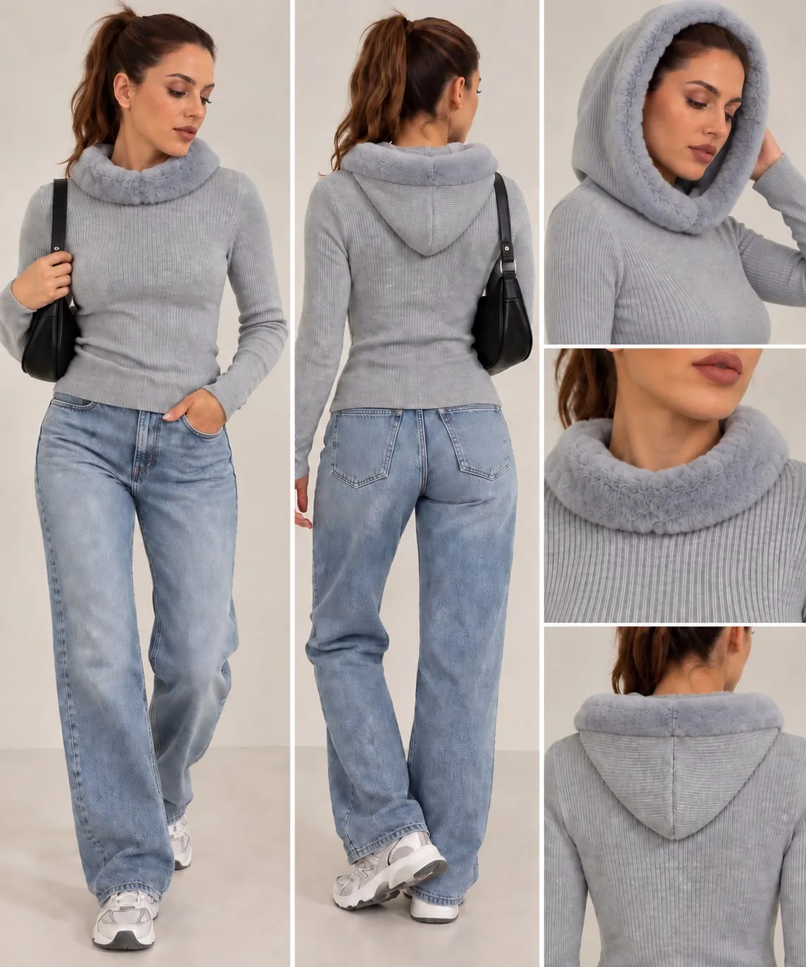 Fur-Trim Hooded Knit Sweater