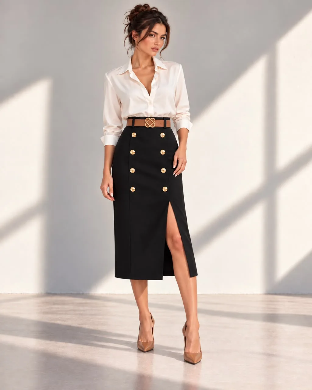 Decorative Button Belted Midi Skirt