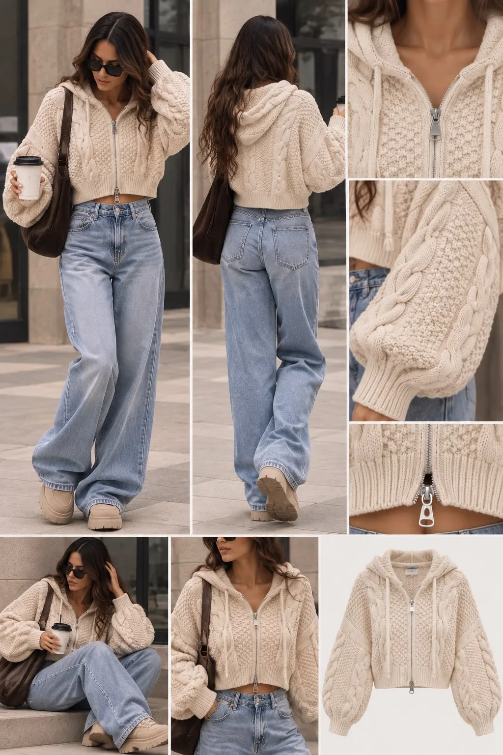 Cropped Hooded Double-Zip Knit Cardigan
