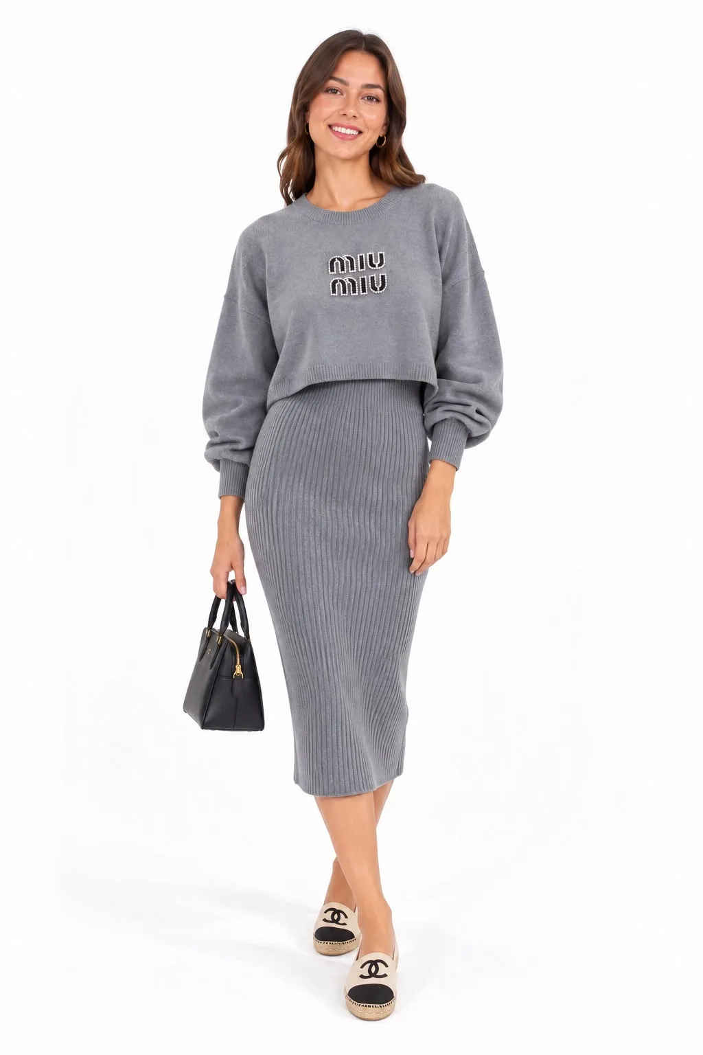 Two-Piece Ribbed Knit Midi Dress Set