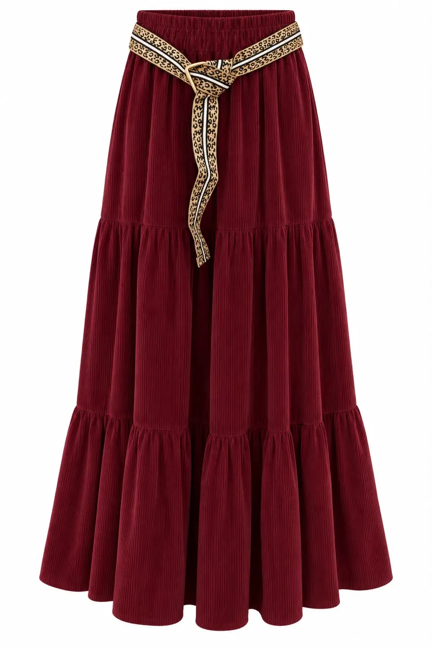 Velvet Maxi Skirt with Printed Belt