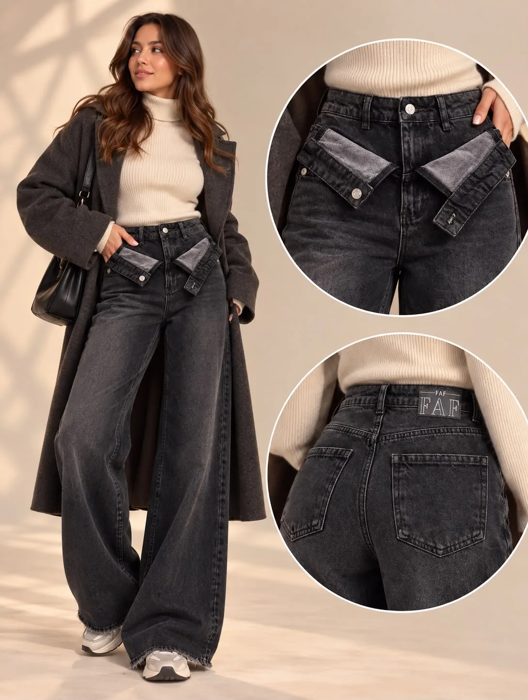 Asymmetrical Cuff Wide Leg Jeans