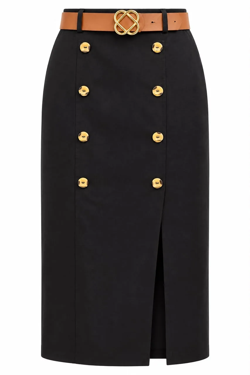 Decorative Button Belted Midi Skirt