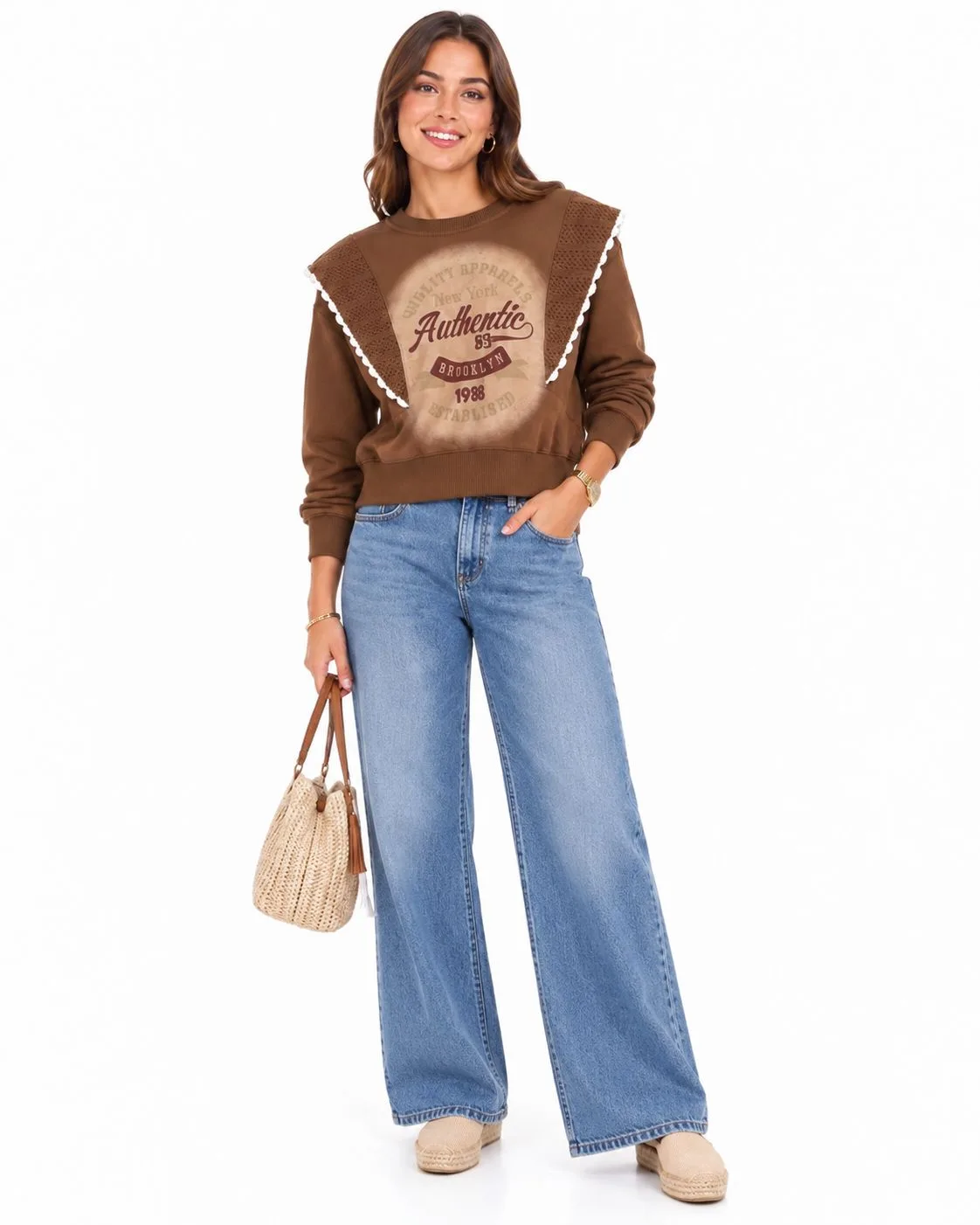 Crochet Detail Printed Sweatshirt
