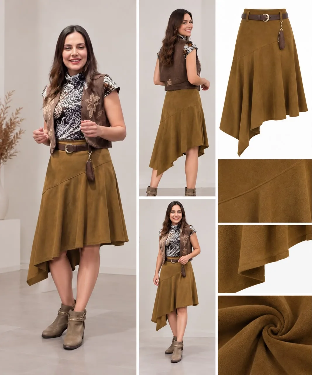 Asymmetric Suede-Feel Midi Skirt with Belt Charm