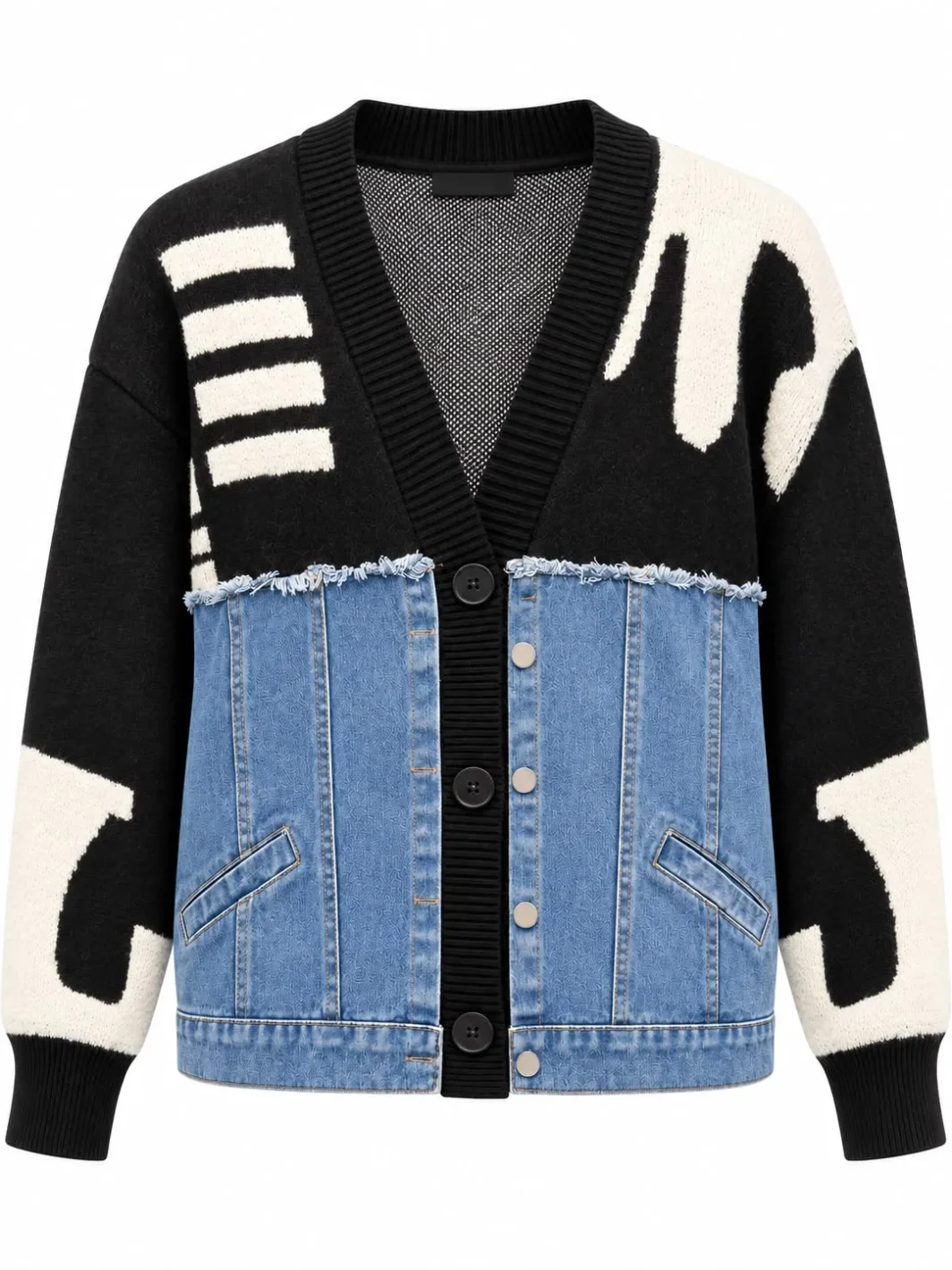 Denim Panel Wool Cardigan