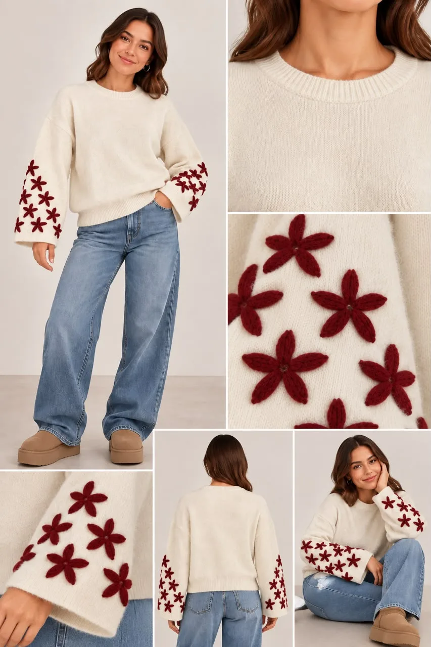 Embroidered Flower Sleeve Sweater