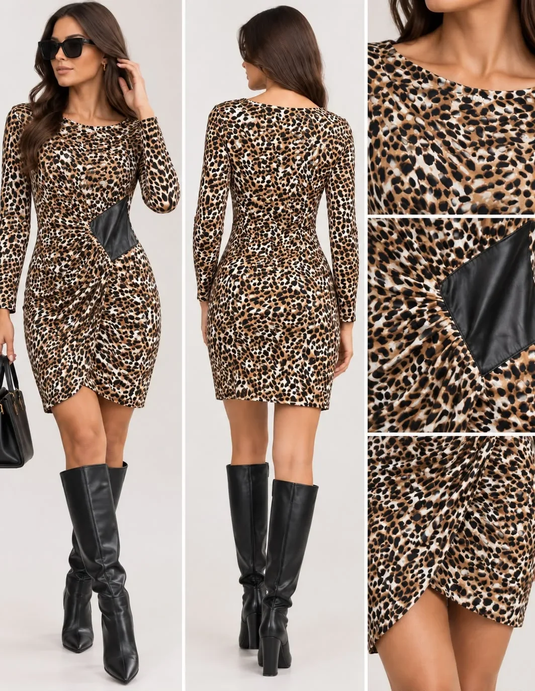 Leopard Print Draped Pocket Dress