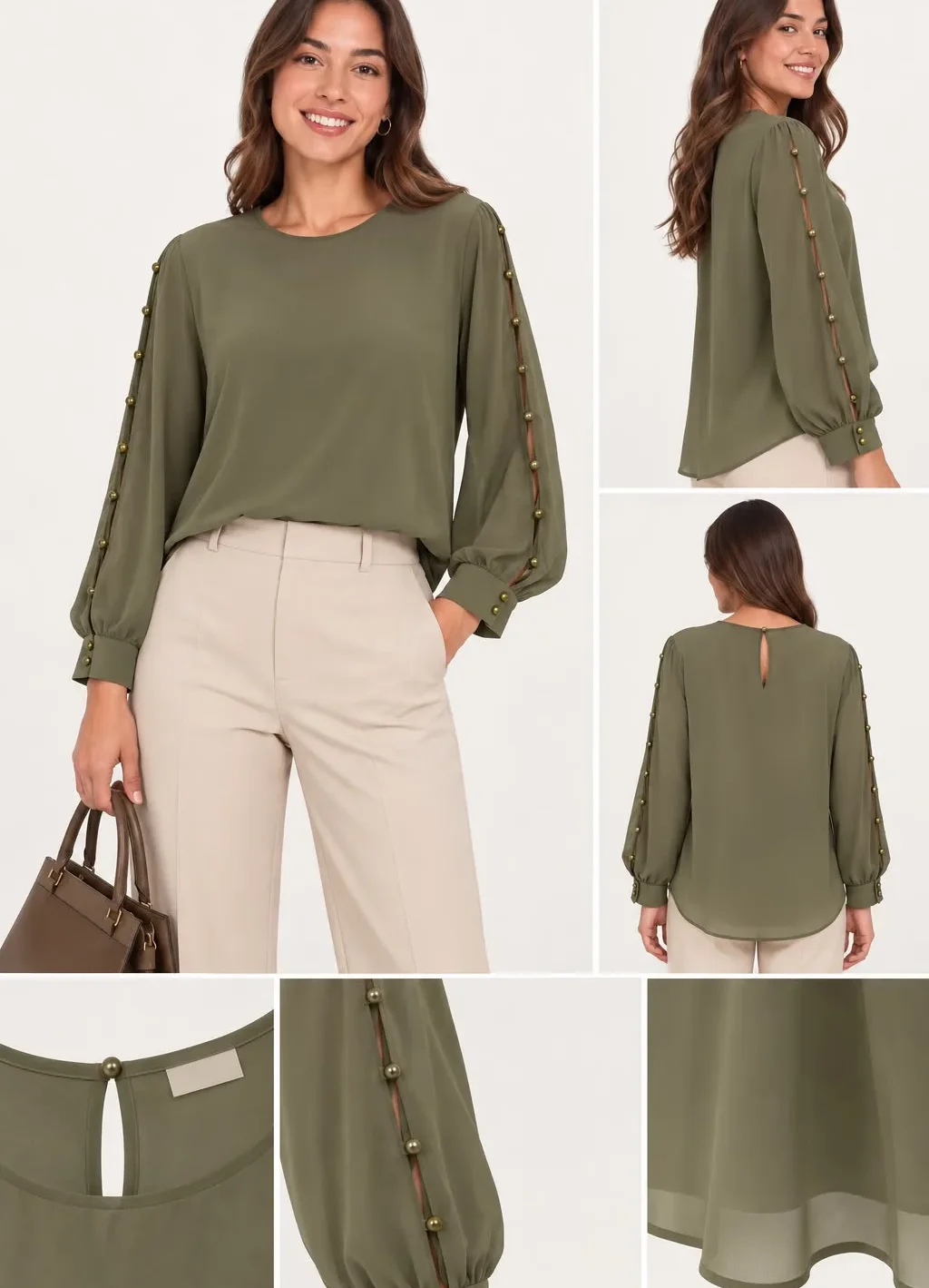 Pearl Button Slit Sleeve Blouse