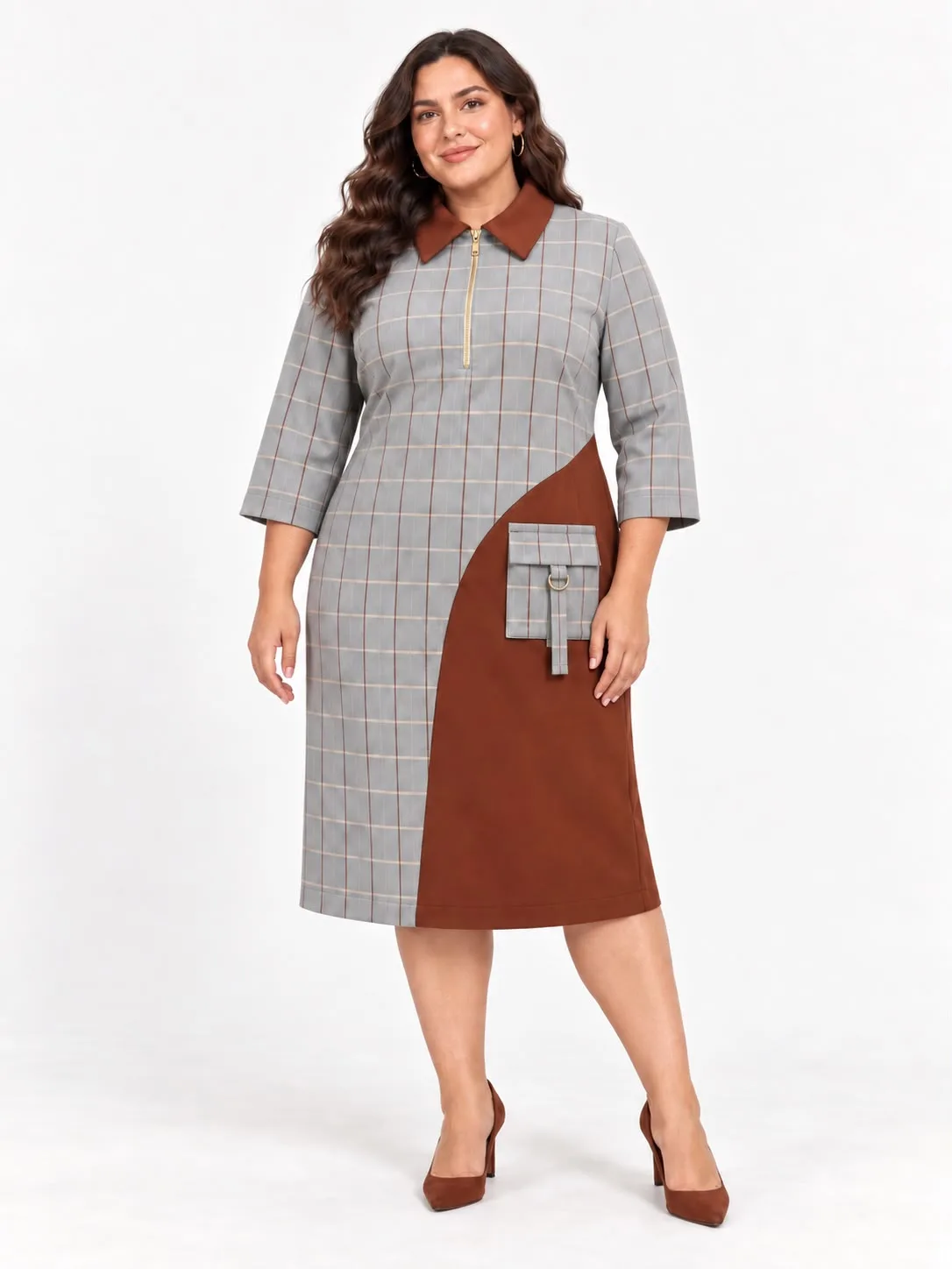 Plus Size Color-Block Plaid Midi Dress