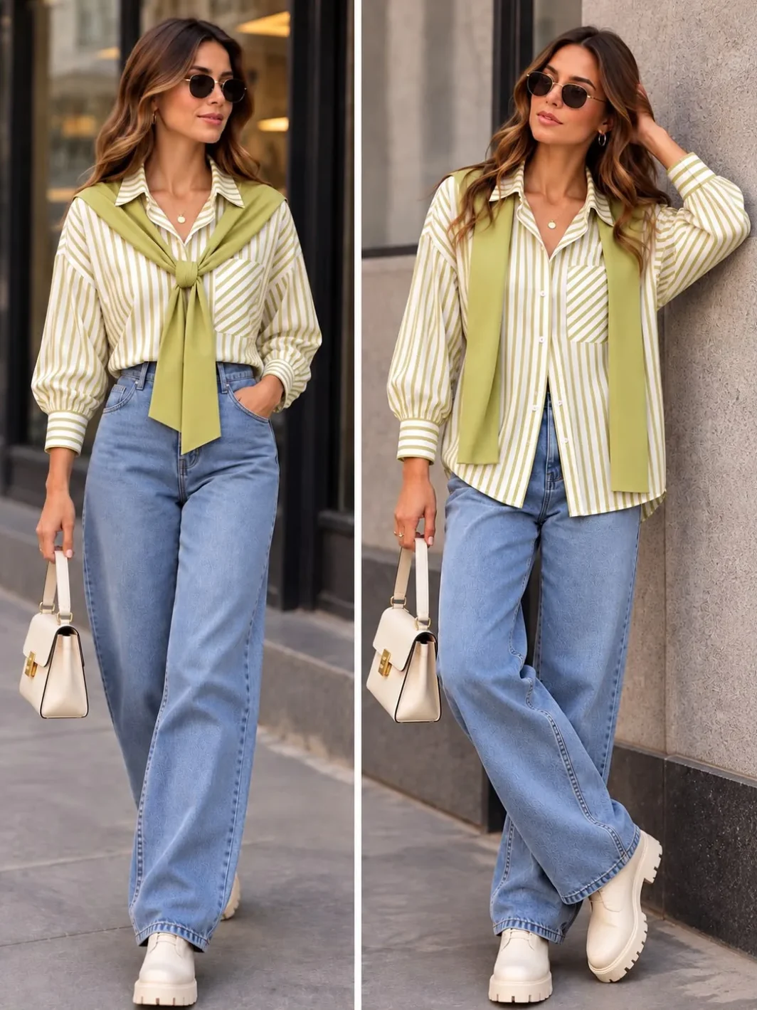 Scarf Detail Striped Shirt