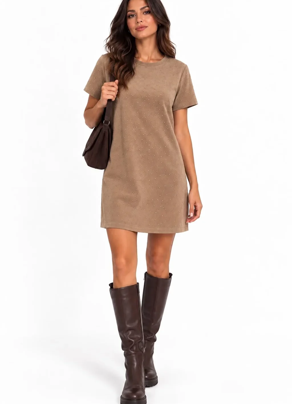 Rhinestone Suede-Look Dress