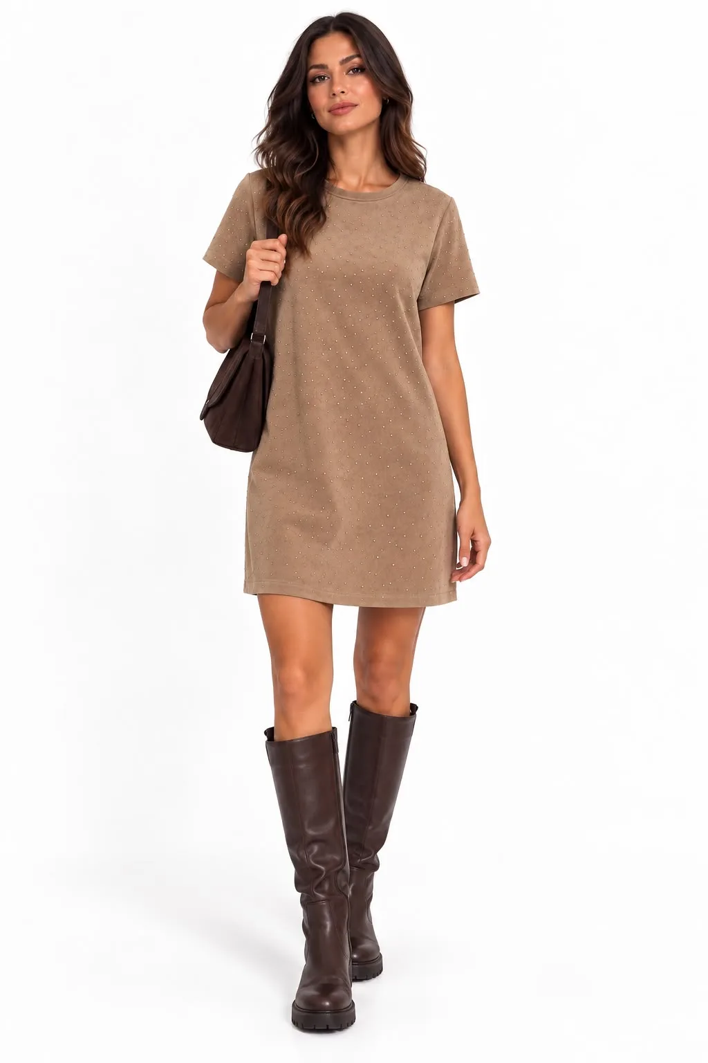 Rhinestone Suede-Look Dress