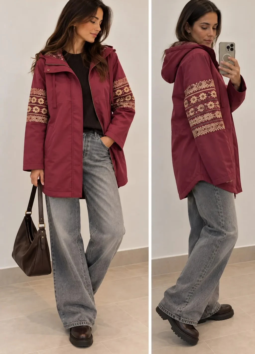 Embroidered Sequin Sleeve Hooded Jacket