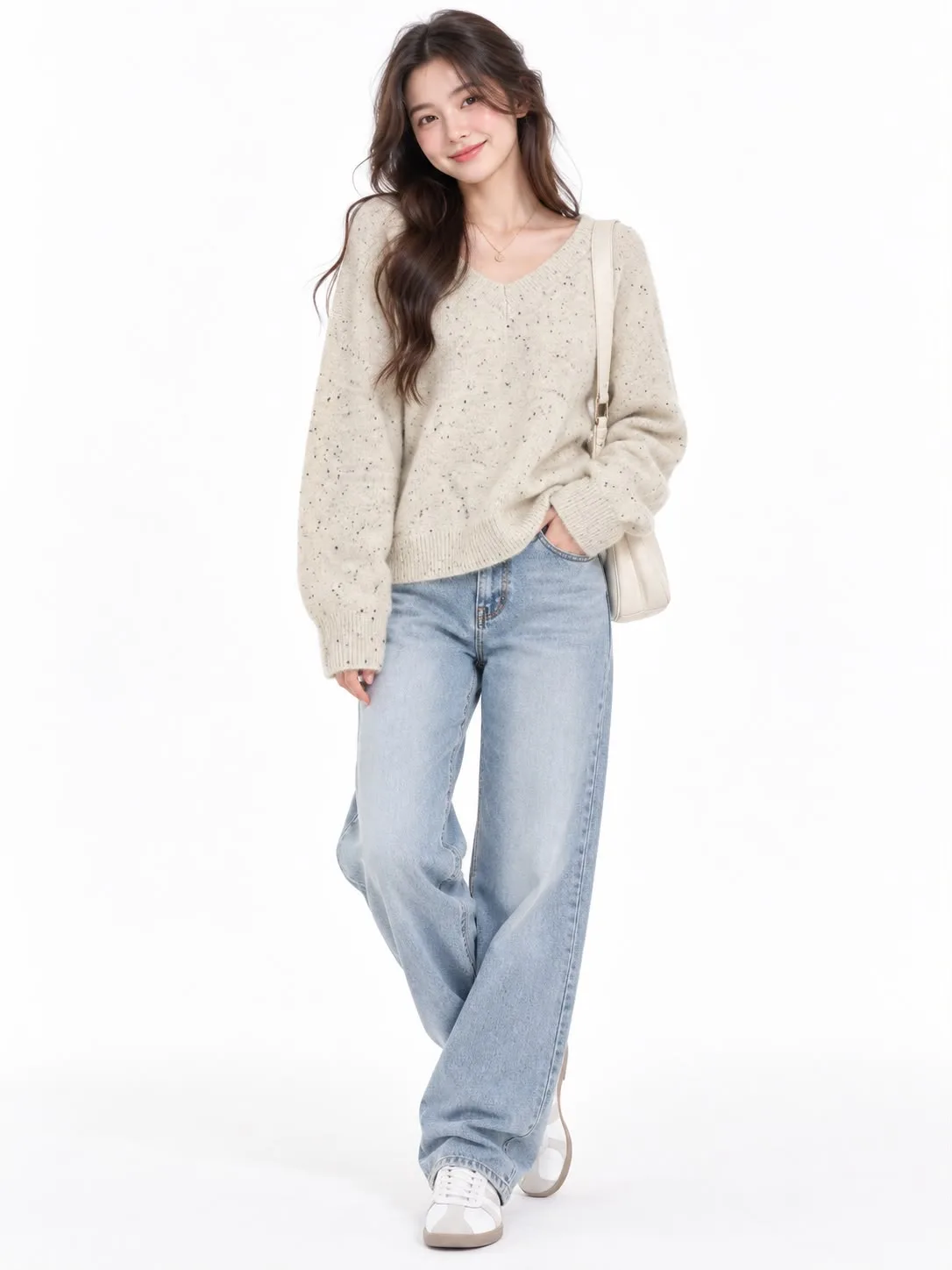 Mohair Blend Speckled V-Neck Sweater