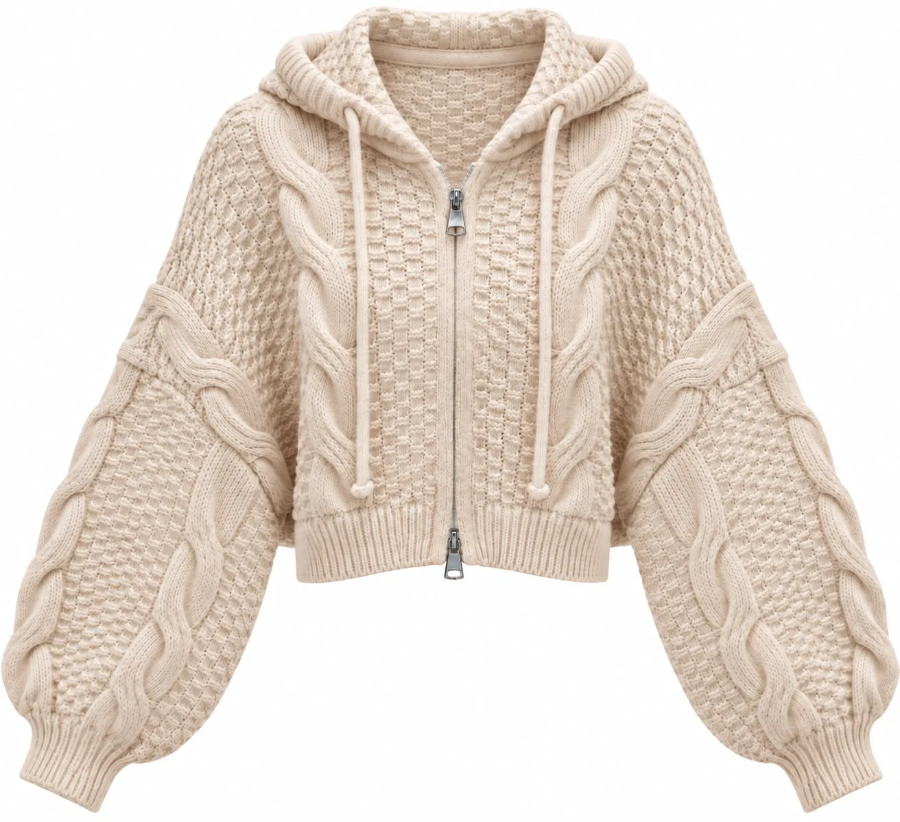 Cropped Hooded Double-Zip Knit Cardigan