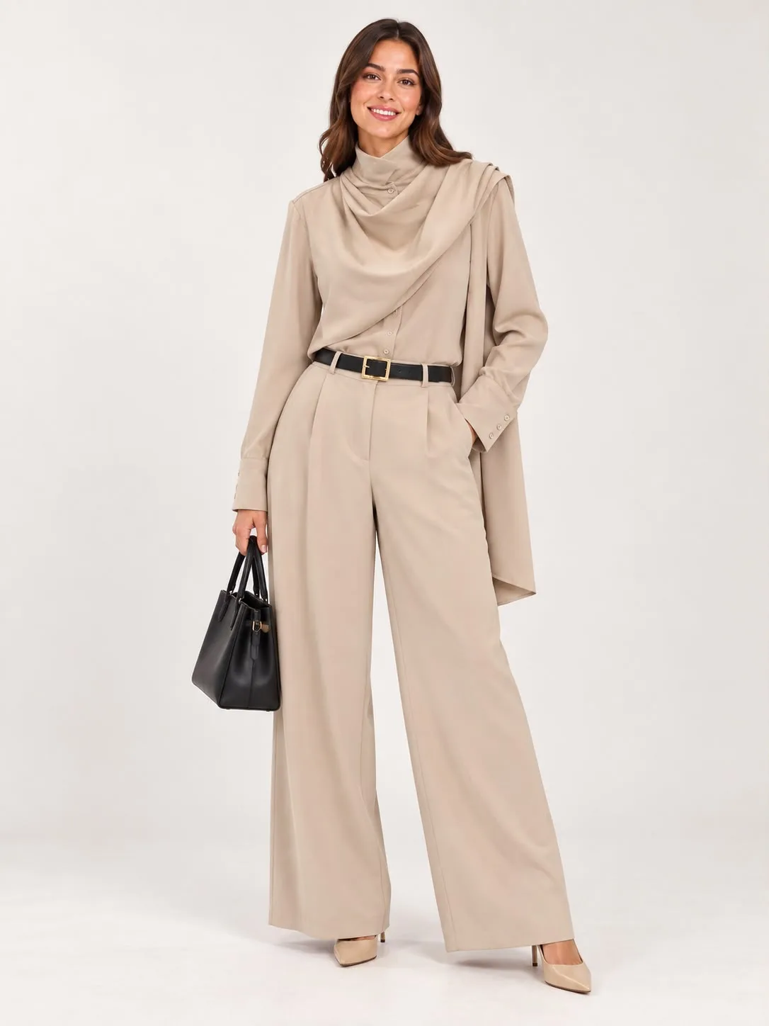 Draped Scarf Shirt & Wide-Leg Pants Set