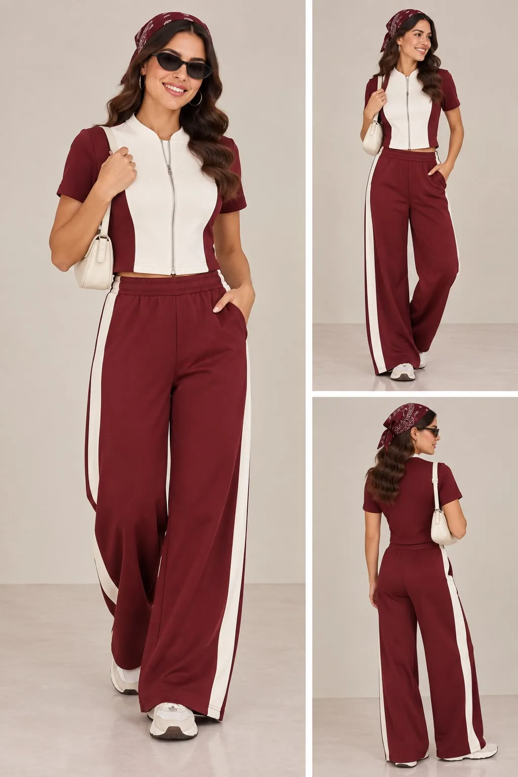 Contrast Zip Top & Wide Leg Pants Set