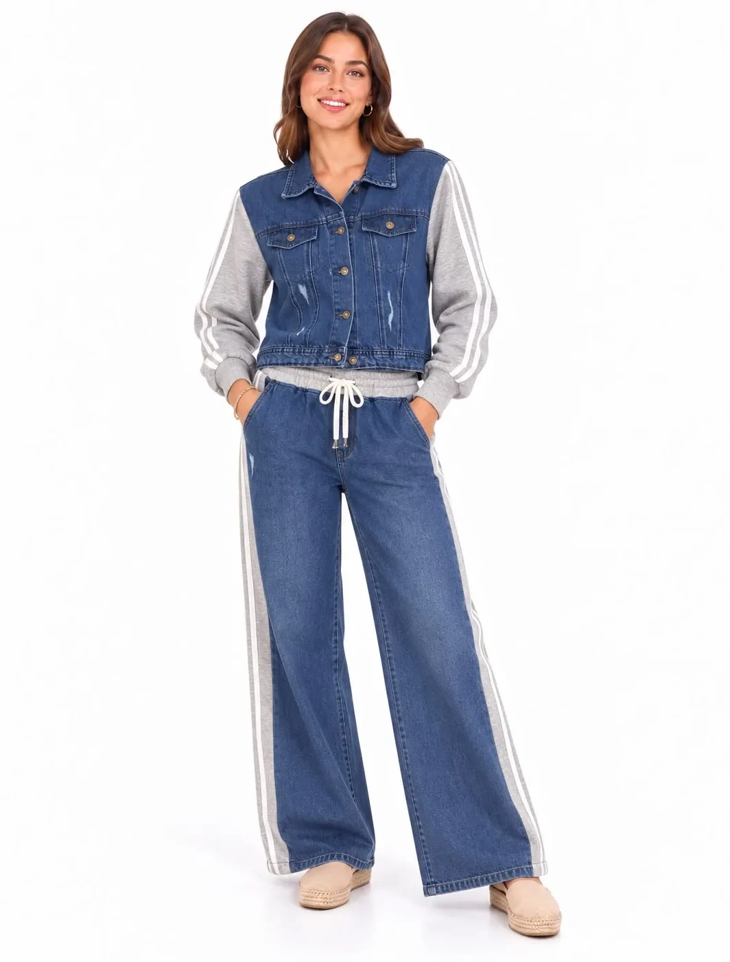 Sporty Denim Two-Piece Set with Contrast Panels