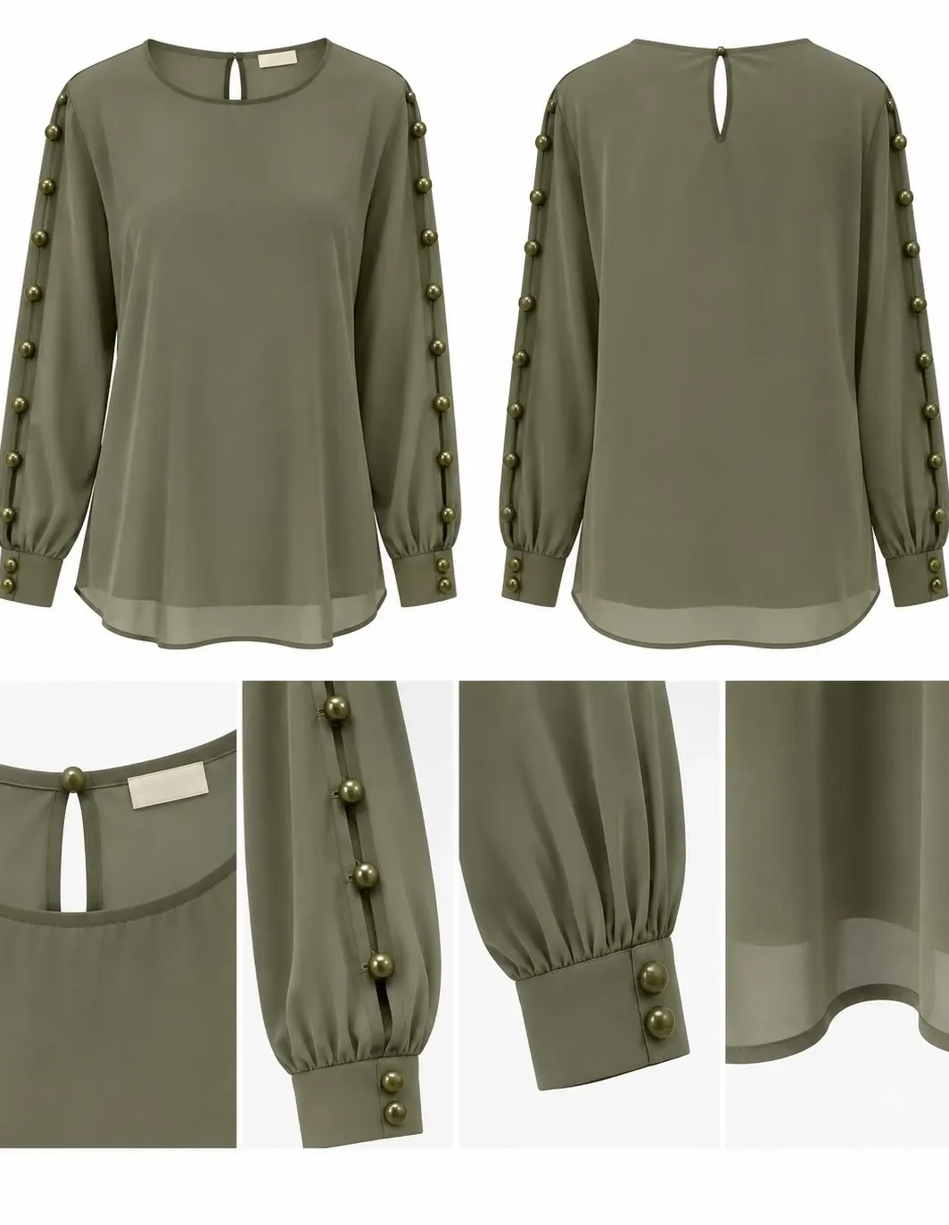 Pearl Button Slit Sleeve Blouse