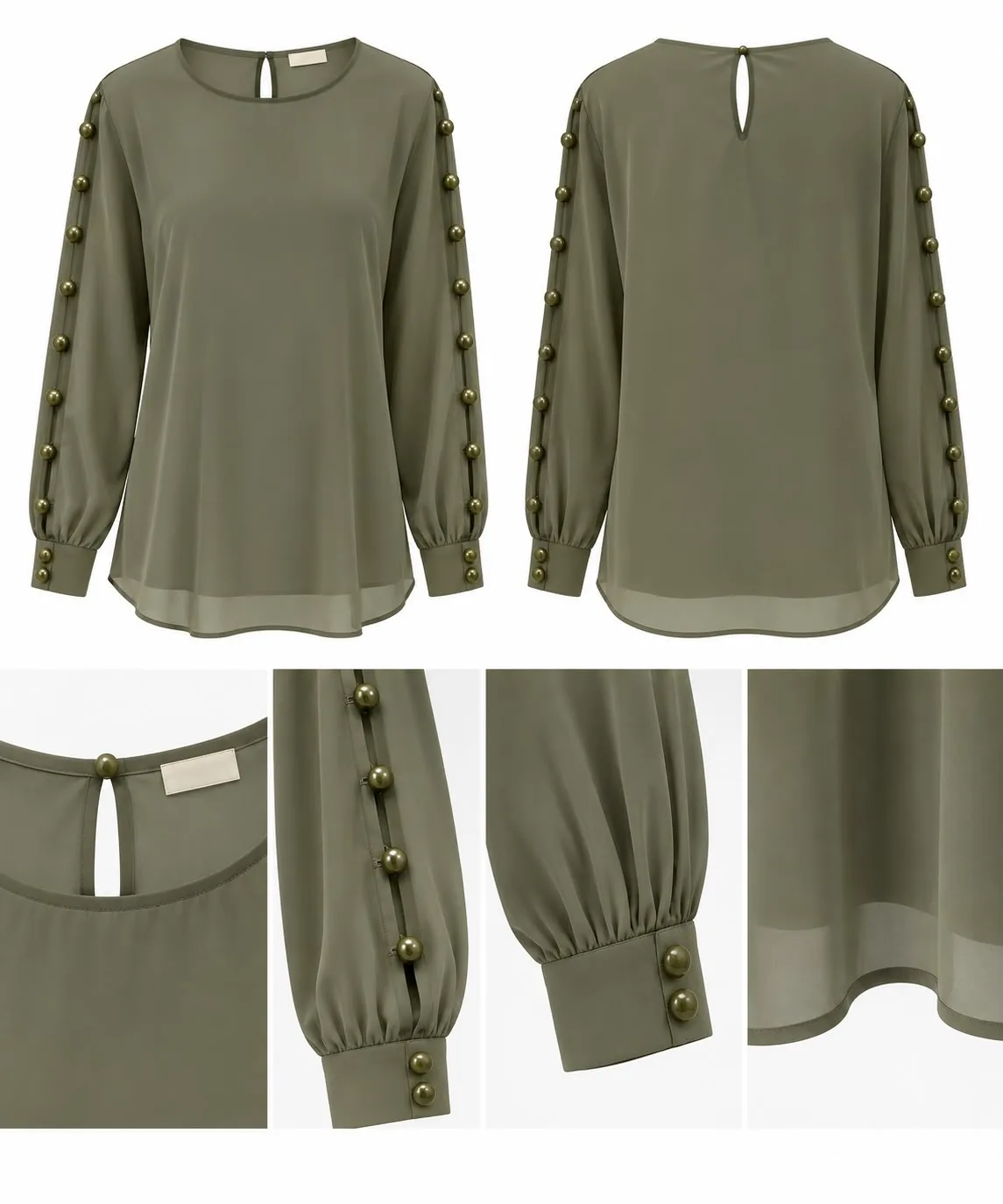 Pearl Button Slit Sleeve Blouse