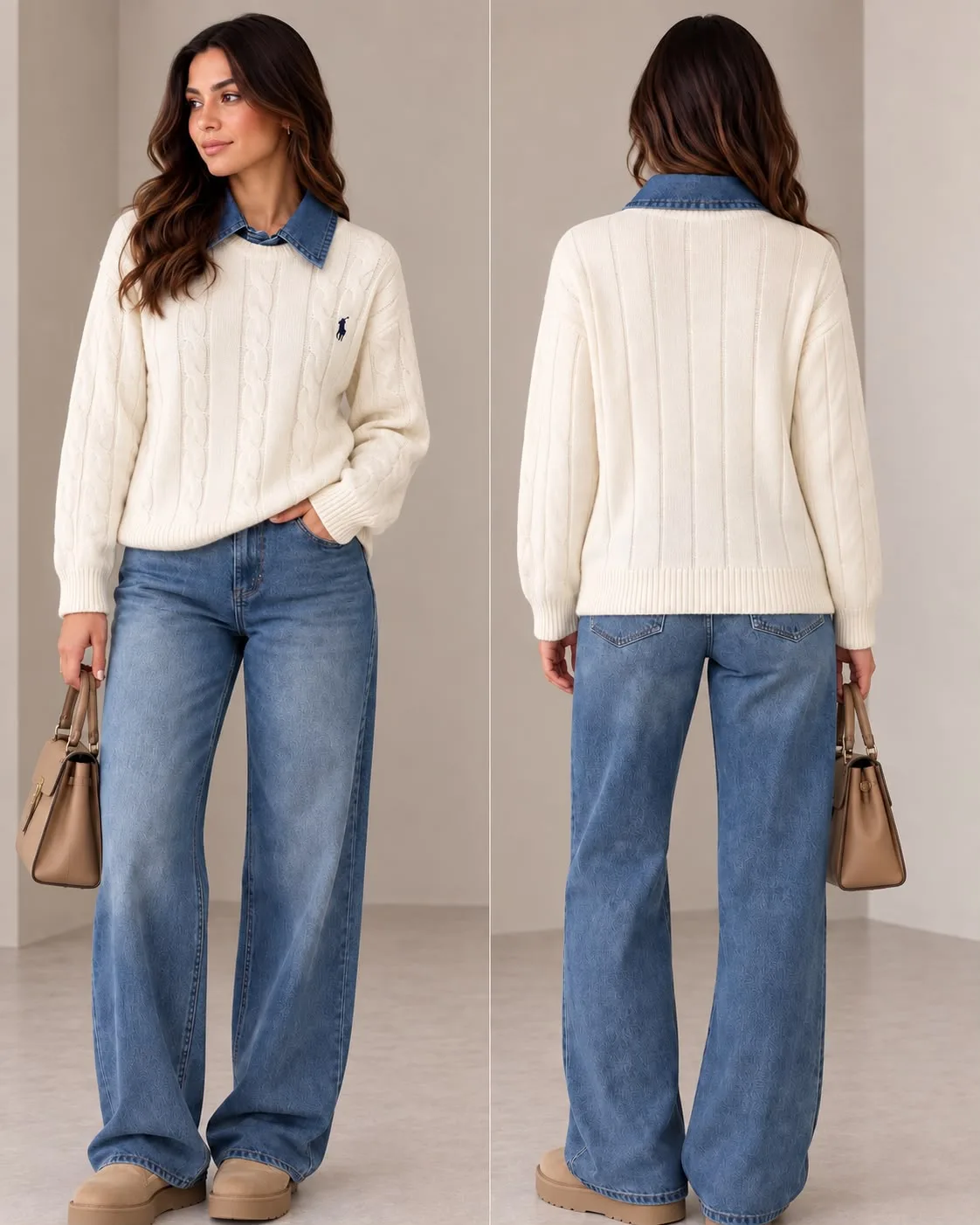 Removable Denim Collar Wool Sweater