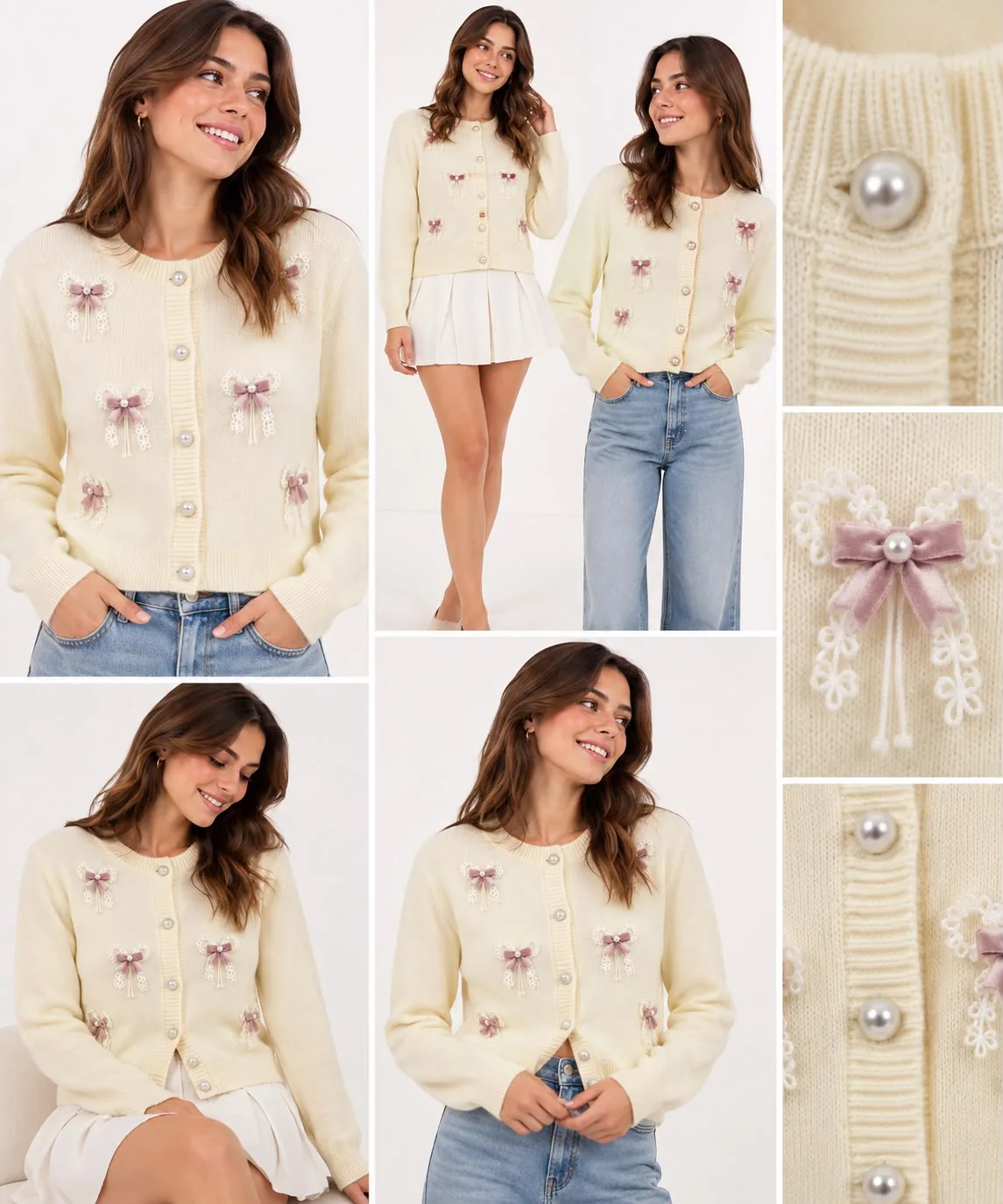 Lace Bow Pearl Soft-Knit Cardigan