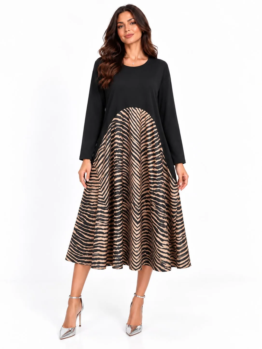 Zebra Satin Panel Midi Dress