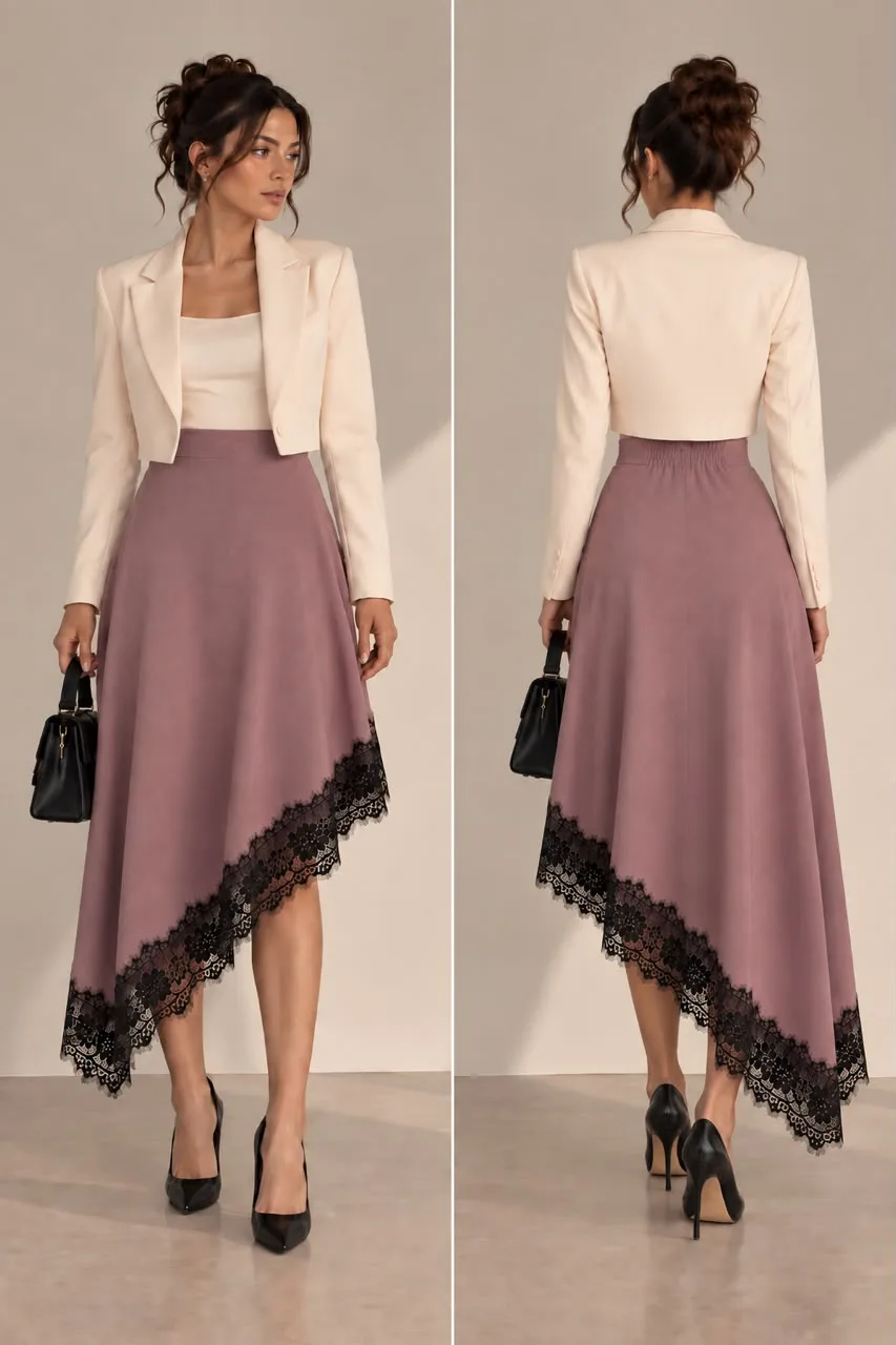 Lace Trim asymmetrical Flared Midi Skirt