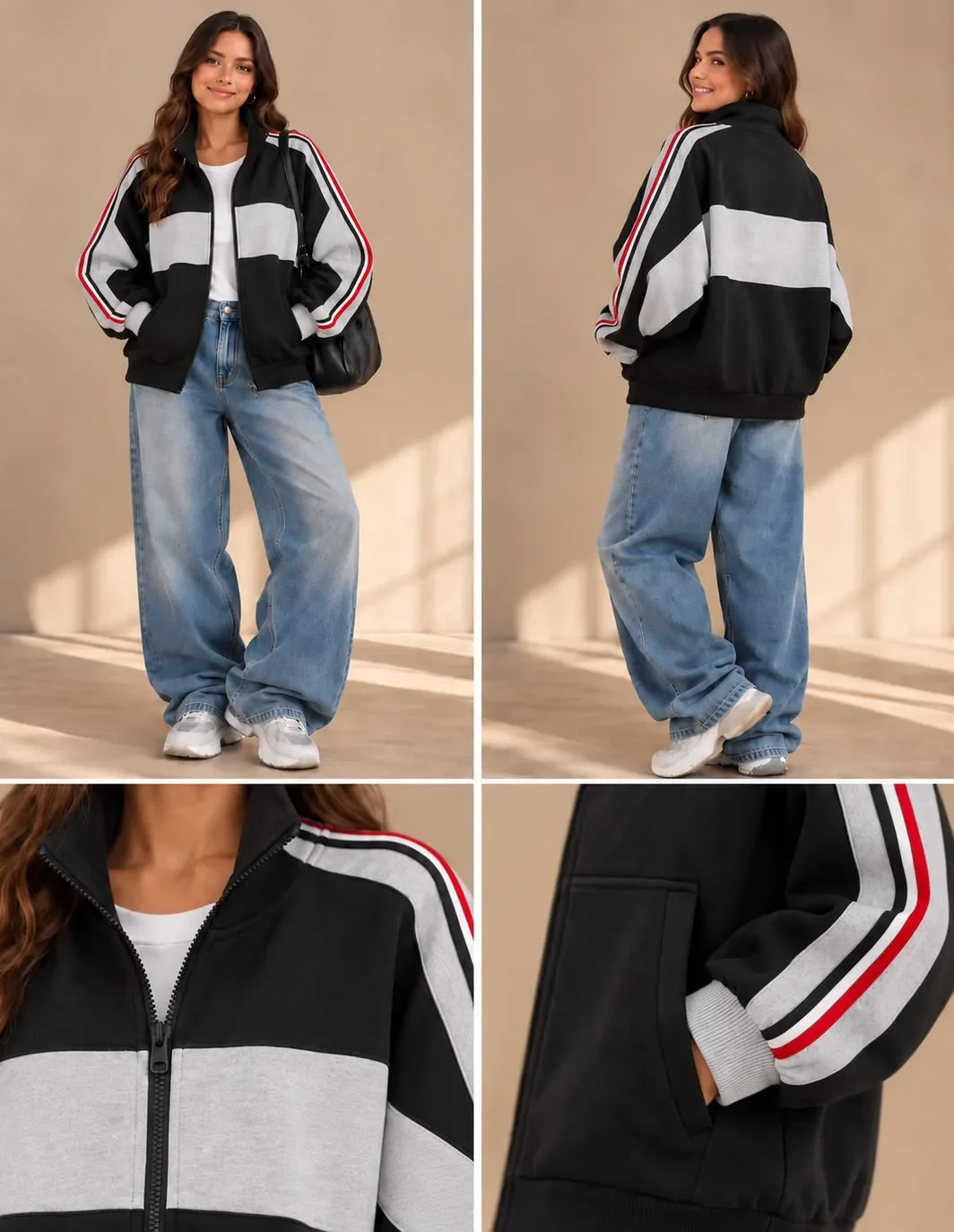 Sporty Contrast-Panel Zip-Up Jacket