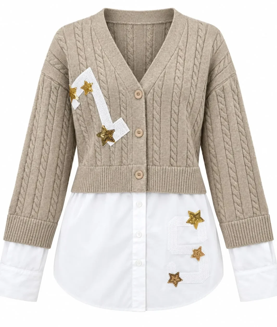 Italian Layered Cable-Knit Sweater Shirt
