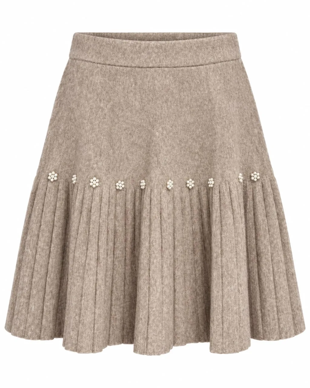 Soft Wool Pleated Skirt with Pearl Floral Details