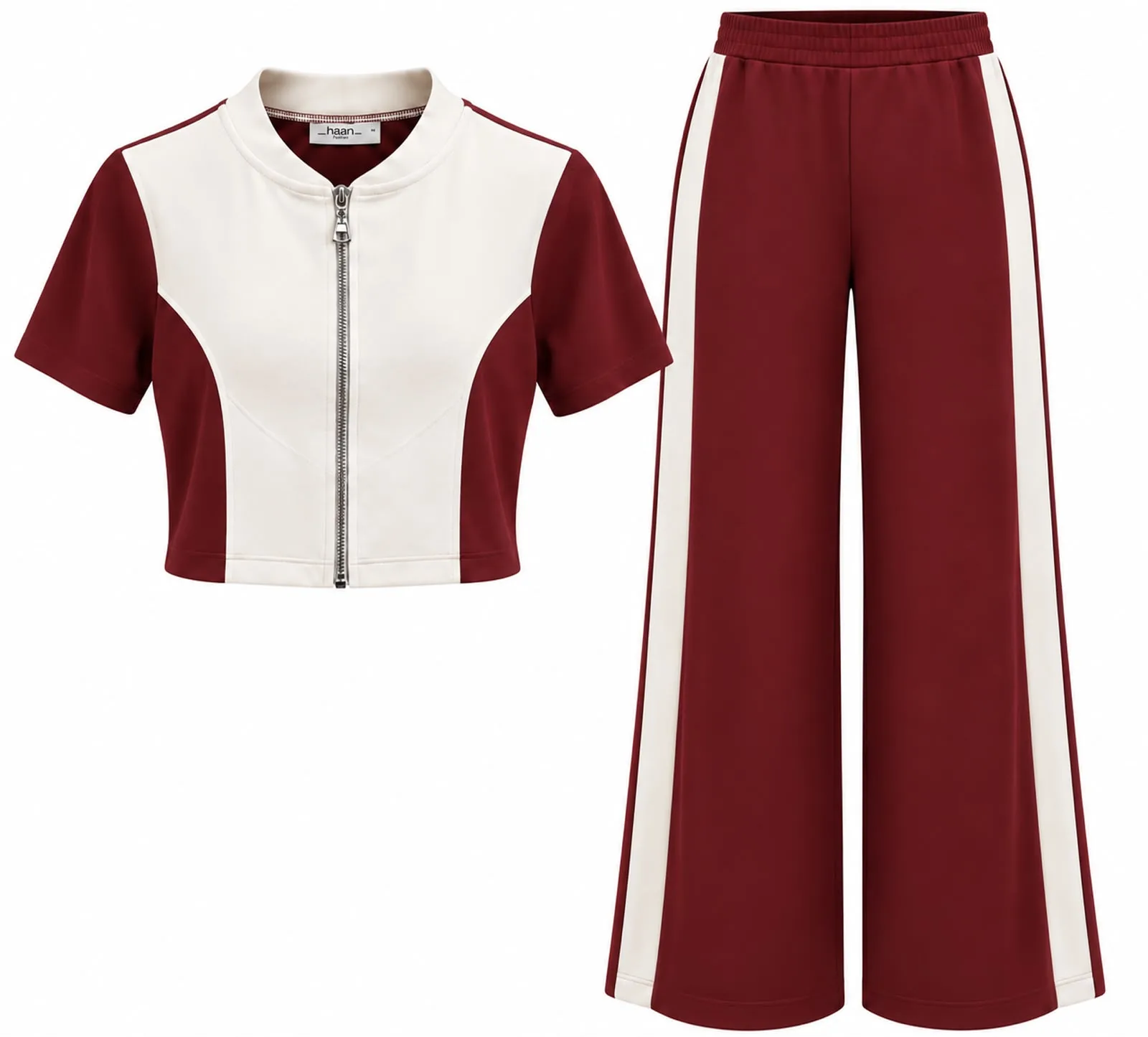 Contrast Zip Top & Wide Leg Pants Set